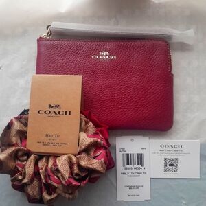 New Coach Wristlet In Pink & Matching Set 2 Bow Print Scrunchie Hair Ties NWT